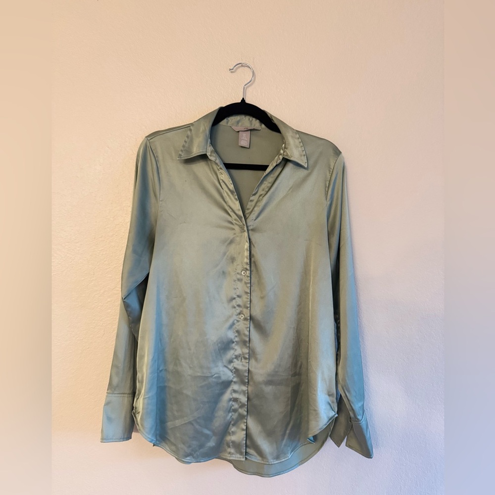 H&M Sage Green Satin Button-Up Blouse